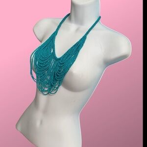CHARMING CHARLIE Aqua Seed Beads Loopy Bib Bohemian Style Necklace